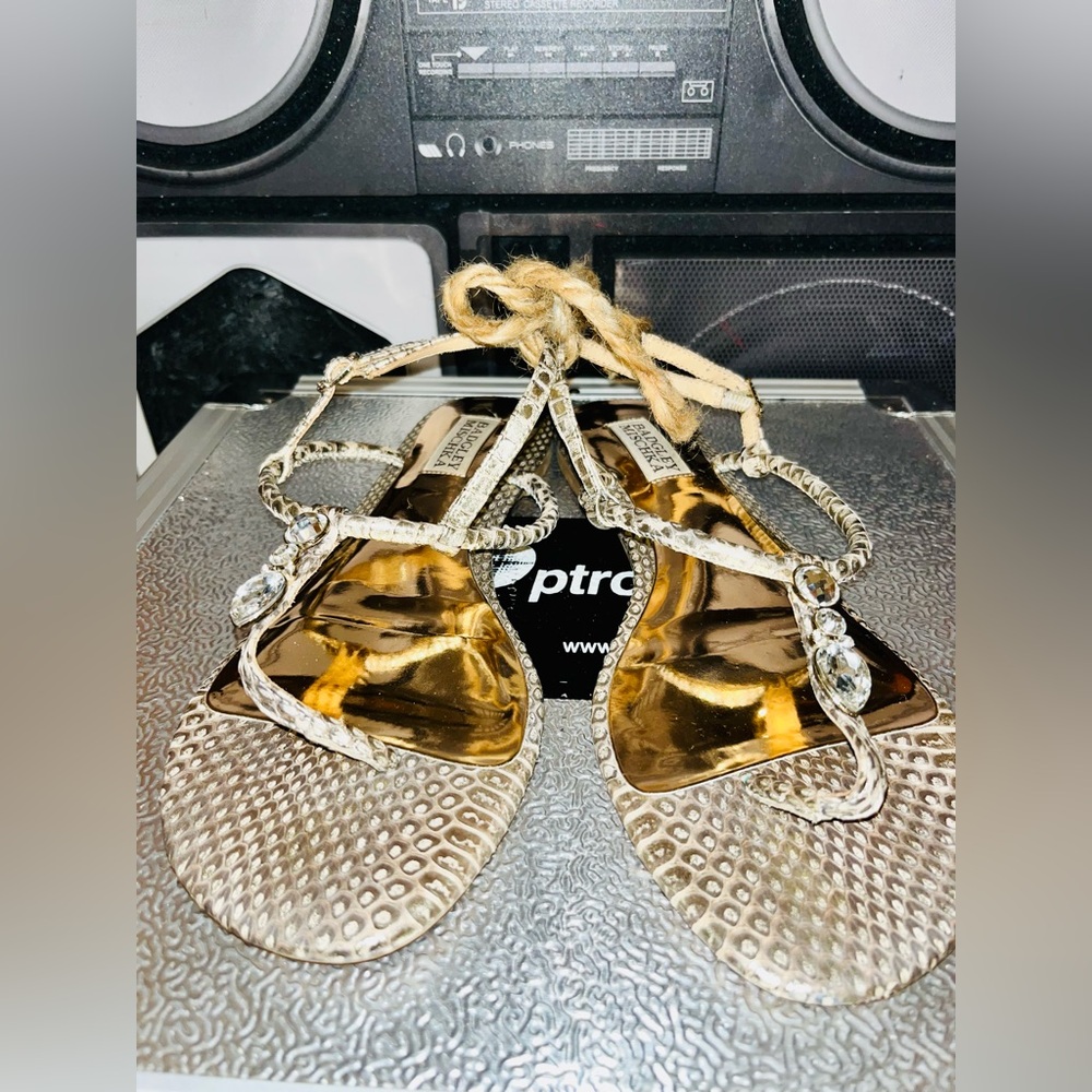 Badgley Mischka Elegant Gold Snakeskin Sandals with Rhinestone Accents